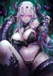  1girl animal_around_neck armor bangs bikini_armor black_nails breasts bridal_gauntlets chest_harness cleavage demon_horns grey_hair hair_ornament harness highres horns kai_(ootamuno12) knee_up large_breasts long_hair looking_at_viewer navel original pink_eyes pointy_ears revealing_clothes scales sitting snake 