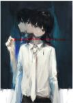  1girl 7ife absurdres bangs black_eyes black_hair closed_mouth collared_shirt double_exposure expressionless hand_up highres long_hair looking_at_viewer necktie original painterly profile shirt solo upper_body white_necktie white_shirt 