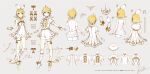  1boy 1girl arrow_(symbol) bangs blonde_hair blue_eyes brother_and_sister collarbone commentary_request dress eyebrows_behind_hair grey_background hair_between_eyes hair_ribbon headphones highres kagamine_len kagamine_rin long_hair miku_symphony_(vocaloid) rella ribbon see-through shirt short_shorts short_sleeves shorts siblings signature simple_background swept_bangs twins vocaloid white_dress white_ribbon white_shirt white_shorts 