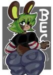  2021 absurd_res anthro bec_(lobokosmico) big_butt breasts brown_body butt butt_focus clothed clothing curvy_figure digital_drawing_(artwork) digital_media_(artwork) female fur green_eyes green_hair hair hi_res huge_butt lagomorph leporid lewd_dorky lobokosmico mammal rabbit short_stack simple_background smile solo thick_thighs 