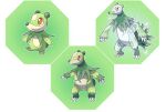  animal_focus bear claws closed_mouth commentary english_commentary evolutionary_line fakemon fang fang_out flower full_body green_background green_theme happy highres hyshirey leg_up no_humans official_style original outline pawpads pokemon sideways_mouth smile standing standing_on_one_leg transparent_border white_flower white_outline 