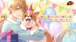  1boy akechi_hideki animal balloon blonde_hair blue_eyes blue_jacket bow bowtie collared_shirt copyright copyright_name dog eyebrows_visible_through_hair gift happy_birthday hat highres holding holding_animal holding_dog jacket logo looking_at_viewer mahjong_soul official_art osanai_mei_(artist) party_hat red_bow red_bowtie ribbon shirt tongue tongue_out welsh_corgi yellow_ribbon yostar 