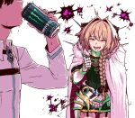  2boys armor astolfo_(fate) bangs blush braid can cape clenched_hand drinking energy_drink english_commentary eyebrows_visible_through_hair fate/grand_order fate_(series) fujimaru_ritsuka_(male) garter_straps gauntlets hair_between_eyes heart holding holding_can kingbawoon long_hair long_sleeves male_focus meme monster_energy multicolored_hair multiple_boys orange_eyes otoko_no_ko pink_hair saliva simple_background single_braid sweat white_background white_hair 