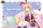  +_+ 1girl blonde_hair blue_eyes cherry copyright copyright_name couch cup cupcake detached_sleeves drinking_glass drinking_straw eating eyebrows_visible_through_hair food fruit happy_birthday highres holding holding_spoon ice_cream logo mahjong_soul mikami_chiori official_art osanai_mei_(artist) pillow sailor_collar sitting solo sparkle spoon strawberry stuffed_animal stuffed_toy sundae tablecloth teddy_bear yostar 