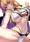  1girl akeyama_kitsune azur_lane bangs bikini black_bow black_bowtie blonde_hair blush bow bowtie breasts cleavage closed_mouth eyebrows_visible_through_hair holding holding_tray huge_breasts long_hair looking_at_viewer maid_bikini mole mole_under_mouth navel official_alternate_costume parted_lips purple_eyes sitting solo swiftsure_(azur_lane) swiftsure_(midsummer_special_service)_(azur_lane) swimsuit tray white_bikini white_swimsuit 