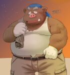  2022 anthro bottomwear clothing eyes_closed humanoid_hands kemono male mammal outside overweight overweight_male pants shirt solo star suid suina sus_(pig) topwear toshi_(artist) wild_boar 