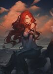  1girl animal bangs bare_shoulders bird black_footwear black_pants boots breasts cleavage cloud detached_sleeves douz_(douzdyken) earrings foot_out_of_frame highres hoop_earrings jewelry knee_boots large_breasts league_of_legends long_hair miss_fortune_(league_of_legends) ocean outdoors pants parted_lips red_eyes red_hair seagull ship sitting watercraft 