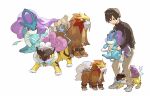  1boy bangs beige_pants black_sweater commentary_request entei grey_footwear hair_between_eyes holding holding_pokemon long_sleeves looking_down newo_(shinra-p) pants pokemon pokemon_(creature) raikou shoes short_hair simple_background sneakers standing suicune sweat sweatdrop sweater white_background younger 