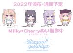  &gt;:) 4girls :d animal_ear_legwear animal_ears animal_hat apron artist_name bangs black_footwear black_hair black_headwear blue_eyes blue_kimono blue_skirt bow brown_eyes brown_footwear brown_skirt cat_ear_legwear cat_ears cat_girl cat_hat cat_tail chibi closed_mouth commentary_request eyebrows_behind_hair fake_animal_ears fang fang_out flower hair_between_eyes hair_ornament hairclip hat japanese_clothes kimono light_brown_hair long_hair multiple_girls original pink_hair pink_kimono pink_skirt purple_eyes purple_hair purple_kimono purple_skirt shiwasu_horio simple_background skirt smile star_(symbol) star_hair_ornament striped striped_bow tail thighhighs translation_request twintails v-shaped_eyebrows very_long_hair white_apron white_background white_flower white_legwear yellow_kimono 