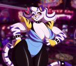  &lt;3 animatronic anthro band-aid bandage big_breasts bottomwear breasts cherrii_pop choker cleavage clothed clothing fan_character fangs felid feline female five_nights_at_freddy&#039;s five_nights_at_freddy&#039;s:_security_breach hi_res jewelry lipstick machine makeup mammal necklace one_eye_closed pantherine pants reina_(cherrii_pop) robot scottgames solo tiger video_games wink yoga_pants 