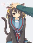  1boy 1girl animal_ears bangs belt blue_sailor_collar blue_skirt blush brown_cardigan brown_eyes brown_hair cardigan cat_ears cat_tail closed_mouth commentary_request eyebrows_visible_through_hair hair_between_eyes hair_ribbon hairband headpat heart kita_high_school_uniform kyon long_sleeves one_eye_closed open_cardigan open_clothes out_of_frame red_ribbon ribbon sailor_collar school_uniform serafuku short_hair simple_background sitting skirt solo_focus suzumiya_haruhi suzumiya_haruhi_no_yuuutsu taiki_(6240taiki) tail white_background yellow_hairband yellow_ribbon 