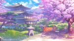  architecture artist_request bridge bush cherry_blossoms cloud copyright day east_asian_architecture forest highres house mahjong_soul nature no_humans official_art official_wallpaper outdoors path petals river rock shouji sliding_doors stone_lantern tree yostar 