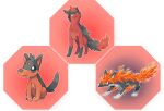  animal_focus black_eyes blue_eyes closed_mouth commentary english_commentary evolutionary_line fakemon fang fang_out fire full_body highres hyshirey no_humans official_style original outline pokemon red_background red_eyes red_theme sideways_mouth sitting split_mouth standing transparent_border white_outline 