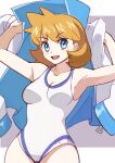  1girl armpits blue_eyes blush breasts collarbone looking_at_viewer misty_(pokemon) nozumu open_mouth orange_hair pokemon pokemon_(game) pokemon_hgss short_hair simple_background smile solo swimsuit 