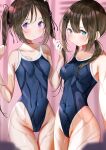  2girls bangs bare_arms black_swimsuit blue_eyes blush breasts brown_hair closed_mouth collarbone commentary_request covered_navel eyebrows_visible_through_hair hair_between_eyes hair_ornament hair_ribbon hairclip highleg highleg_swimsuit highres locker locker_room long_hair multiple_girls one-piece_swimsuit original purple_eyes ribbon sakura_yuu_(hzjy8485) school_swimsuit sidelocks small_breasts standing swimsuit thigh_gap tied_hair twintails wet wet_hair 