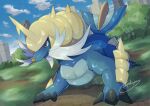  brown_eyes claws closed_mouth cloud commentary_request day fang fang_out grass highres no_humans outdoors pokemon pokemon_(creature) samurott shiny signature sky smile solo standing tanpakuroom tree 