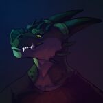  1:1 anthro digital_media_(artwork) facial_horn fangs front_view green_body green_horn headshot_portrait horn looking_aside male ninetht portrait scalie shaded sharp_teeth soft_shading solo teeth white_body yellow_eyes 