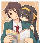  ! 1boy 1girl annoyed bangs blazer blue_sailor_collar blue_skirt blush book border brown_background brown_eyes brown_hair commentary_request eyebrows_visible_through_hair green_jacket hair_ribbon hairband hand_on_another&#039;s_arm hand_on_another&#039;s_shoulder holding holding_book jacket kita_high_school_uniform long_sleeves necktie open_book open_clothes open_jacket reading red_necktie ribbon sailor_collar school_uniform serafuku shirt short_hair simple_background skirt smile suzumiya_haruhi suzumiya_haruhi_no_yuuutsu sweatdrop taiki_(6240taiki) white_border white_shirt yellow_hairband yellow_ribbon 