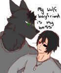  anthro boss boyfriends canid canine canis cover cover_art cover_page cute_fangs duo embrace fang_(soapy07) fangs hi_res human kuro_(soapy07) love male male/male mammal moobs omegaverse romantic romantic_couple size_difference soapy07 wolf 