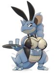  anthro big_breasts bodily_fluids bow_tie breasts bunny_costume clothed clothing costume fake_ears fake_rabbit_ears female genitals hi_res honeymono horn mammal nidoqueen nintendo nipples nude pok&eacute;mon pok&eacute;mon_(species) pussy simple_background slightly_chubby smile solo translucent translucent_clothing video_games 