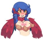 1boy 1girl animal_ears bird_ears blue_hair blush breasts colored_sclera commentary disembodied_limb disembodied_penis doce harpy harpy_(terraria) heart heart-shaped_pupils hetero highres long_hair medium_breasts monster_girl neck_ruff nipples nude open_mouth paizuri penis pov red_feathers red_wings simple_background symbol-shaped_pupils terraria twintails white_background winged_arms wings yellow_eyes yellow_sclera 