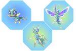  animal_focus antennae blank_eyes blue_background blue_eyes blue_hair blue_theme closed_mouth commentary english_commentary evolutionary_line fakemon fangs fangs_out floating full_body highres hyshirey long_hair multicolored_eyes no_humans official_style original outline pokemon purple_eyes standing transparent_border white_outline wings 
