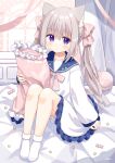  1girl :o animal_ear_fluff animal_ears bangs bed blue_sailor_collar blush bow cat_ears cat_girl cat_tail commentary_request curtains dress eyebrows_visible_through_hair frilled_dress frilled_pillow frills grey_hair hair_between_eyes highres holding holding_pillow long_hair looking_at_viewer nakkar no_shoes original parted_lips pillow pink_bow purple_eyes sailor_collar sailor_dress socks solo tail twintails very_long_hair white_dress white_legwear 