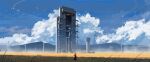  1girl bird black_dress blue_sky brush_stroke clothes_lift cloud dress dress_lift facing_away field flock fog grass hair_lift highres mountainous_horizon original red_hair rocket scenery science sky solo utility_pole water_tower wind wind_lift windmill ya_yan 