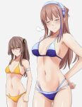 2girls alternate_costume bangs bare_shoulders bikini blue_bikini blue_swimsuit blush breast_envy breasts brown_hair closed_eyes closed_mouth collarbone cyka eyebrows_visible_through_hair feet_out_of_frame girls&#039;_frontline hairband hand_on_hip highres light_brown_eyes long_hair looking_at_another multicolored_hair multiple_girls navel pink_hair scar scar_across_eye shading_eyes side_ponytail small_breasts smile st_ar-15_(girls&#039;_frontline) standing swimsuit ump45_(girls&#039;_frontline) unhappy white_background yellow_bikini yellow_swimsuit 