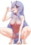  1girl areolae ass_visible_through_thighs bangs black_hair blush cameltoe china_dress chinese_clothes covered_nipples dress fellatio_gesture hand_on_ground highres horns large_areolae long_hair looking_at_viewer m_legs multicolored_hair navel nijisanji nipple_slip nipples oni oni_horns panties partially_visible_vulva pointy_ears purple_eyes purple_hair rindou_mikoto see-through sexually_suggestive smile solo spread_legs squatting steam tiptoes tongue tongue_out toshise. underwear virtual_youtuber white_panties 