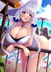  1girl azur_lane bare_shoulders blue_eyes blue_sky blush breasts cleavage cloud day eyebrows_visible_through_hair flower hat highres huge_breasts illustrious_(azur_lane) jewelry large_breasts long_hair looking_at_viewer mole mole_under_eye ocean open_mouth outdoors seaside sky smile solo sun_hat swimsuit thighhighs water wee_(weeyy) white_hair white_headwear 