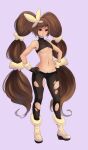 1girl bangs bare_shoulders black_gloves black_legwear black_shirt black_shorts blush boots breasts brown_hair closed_mouth commentary crop_top english_commentary full_body gloves hair_ornament hands_on_hips highvoltage humanization light_blush long_hair looking_at_viewer lopunny mega_lopunny mega_pokemon micro_shorts multi-tied_hair navel pantyhose pokemon purple_background red_eyes shirt shorts sidelocks simple_background sleeveless sleeveless_shirt small_breasts solo standing stomach torn_clothes torn_legwear twintails underboob very_long_hair yellow_footwear 