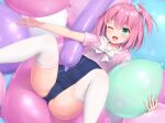  1girl :d balloon blue_swimsuit bow bowtie cropped_shirt feet_out_of_frame green_eyes hair_ornament holding holding_balloon looking_at_viewer medium_hair one-piece_swimsuit one_eye_closed one_side_up open_mouth original phallic_symbol pink_hair pink_shirt sailor_collar sasaame school_uniform serafuku shirt short_sleeves sitting smile solo spread_legs star_(symbol) star_hair_ornament swimsuit swimsuit_under_clothes thighhighs white_bow white_bowtie white_legwear white_sailor_collar 