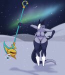  absurd_res animate_inanimate anthro aurora_borealis blue_eyes breasts curvy_figure duo female feral genitals hanging_breasts hi_res looking_at_viewer male open_mouth pussy rasha snow staff thick_thighs thigh_gap unknown_species voluptuous weapon weli_(arad_senki) zeamaeri 