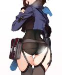  1girl ass black_gloves black_legwear black_leotard blue_jacket blush breath cropped_jacket cum cumdrip from_behind garter_straps girls&#039;_frontline gloves gun head_out_of_frame head_tilt highres index_finger_raised jacket leotard long_sleeves nose_blush parted_lips pouch prosthesis prosthetic_arm sate simple_background solo steam thighhighs type_79_(girls&#039;_frontline) weapon white_background 