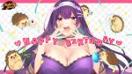  &gt;w&lt; 1girl blush breasts cake character_name confetti copyright copyright_name daisy flower food fruit gem happy_birthday headgear heart hedgehog holding holding_flower large_breasts logo mahjong mahjong_soul mahjong_tile mole mole_under_eye official_art official_wallpaper open_mouth osanai_mei_(artist) purple_eyes purple_hair strawberry streamers yostar 