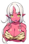  1girl :d bikini breasts brll cleavage colored_skin hands_up highres horns large_breasts long_hair looking_at_viewer oni oni_horns open_mouth original pointy_ears red_oni red_skin simple_background single_horn slit_pupils smile solo striped striped_bikini swimsuit upper_body white_background white_hair yellow_eyes 
