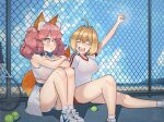  2girls :d :o absurdres ahoge animal_ear_fluff animal_ears artist_logo artist_name ball bangs bare_shoulders beach blonde_hair blue_collar blush breasts clenched_hand collar commentary day english_commentary eyebrows_behind_hair fate/extra fate_(series) fence fox_ears fox_girl fox_tail hair_intakes hand_up highres large_breasts long_hair medium_hair multiple_girls nero_claudius_(fate) nero_claudius_(fate/extra) open_mouth outdoors outstretched_arm outstretched_leg panties pink_hair racket runicrow shoes sidelocks sitting skirt smile sneakers sportswear striped striped_panties sweat tail tamamo_(fate) tamamo_no_mae_(fate/extra) teeth tennis_ball tennis_racket tennis_uniform twintails underwear yellow_eyes 