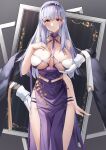  1girl absurdres azur_lane bangs blunt_bangs blush breasts cleavage collar dido_(azur_lane) dress hairband hand_on_own_chest highres large_breasts light_purple_hair long_hair lubikaya purple_dress red_eyes side_slit solo thighs white_hair 