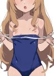  1girl aisaka_taiga bare_shoulders blue_swimsuit blush breasts brown_hair clothes_pull commentary_request competition_school_swimsuit cowboy_shot gradient gradient_background head_out_of_frame highres long_hair morisobo nipples no_eyes one-piece_swimsuit open_mouth pulled_by_self school_swimsuit small_breasts solo swimsuit swimsuit_pull toradora! undressing wet white_background 