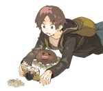  1boy ? backpack bag bangs brown_bag brown_eyes brown_hair brown_jacket camera commentary_request diglett holding holding_camera hood hood_down hooded_jacket jacket long_sleeves looking_down lying male_focus newo_(shinra-p) on_stomach open_mouth pants parted_bangs pokemon pokemon_(creature) shirt short_hair soil sweatdrop white_background 