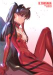  1girl bangs black_ribbon blue_eyes bodysuit breasts commentary cosplay crossover evangelion:_3.0_you_can_(not)_redo fate/stay_night fate_(series) green_eyes hair_ribbon highres knee_up legs long_hair long_legs looking_at_viewer neon_genesis_evangelion plugsuit rebuild_of_evangelion red_bodysuit revision ribbon shiny shiny_skin siino sitting small_breasts solo souryuu_asuka_langley souryuu_asuka_langley_(cosplay) thighs tohsaka_rin torn_bodysuit torn_clothes twintails two_side_up white_background 