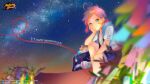  1boy ahoge aqua_eyes bag bandaid bandaid_on_face bandaid_on_knee bandaid_on_leg blurry blurry_foreground bookbag character_name copyright copyright_name depth_of_field hand_on_own_face happy_birthday kotsuru_kari logo mahjong_soul male_focus night night_sky official_art official_wallpaper pink_hair qi_xi shorts sitting sky star_(sky) starry_sky yostar 