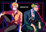  2boys cigarette eye_contact facial_hair feet_out_of_frame goatee green_hair green_kimono hair_over_one_eye japanese_clothes kimono looking_at_another loose_necktie male_focus multiple_boys necktie one_piece pectoral_cleavage pectorals roronoa_zoro sanji short_hair sitting smile smoking sorase_(srsrs_000) toned toned_male 