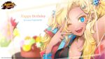  1girl blonde_hair blue_eyes blue_nails blurry blurry_background copyright copyright_name earrings flower fujimoto_kirara gyaru hair_ornament happy_birthday jewelry kotsuru_kari logo looking_at_viewer mahjong_soul official_art one_eye_closed open_mouth pink_flower smile v v_over_eye white_flower yostar 