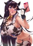  1girl 2021 akeome amasora_taichi animal_ears animal_print bangs bell bent_over black_gloves black_hair blue_eyes blush bottle breasts chinese_zodiac choker cleavage commentary_request covered_nipples cow_ears cow_horns cow_print cowbell dated gloves hands_up happy_new_year highres holding holding_bottle horns huge_breasts lactation lactation_through_clothes large_breasts leash long_hair looking_at_viewer milk milk_bottle navel neck_bell new_year open_mouth original print_legwear reward_available simple_background solo thighhighs very_long_hair white_background white_legwear year_of_the_ox yellow_choker 