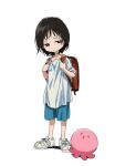  &gt;3&lt; 1girl backpack bag black_hair creature expressionless full_body kuze_shizuka looking_at_another octopus randoseru school_bag shirt shoes short_hair shorts simple_background sneakers symbol-only_commentary t-shirt takopii takopii_no_genzai white_background white_shirt yoko.u 