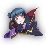  1girl artist_logo bangs black_cape black_gloves blue_hair cape code_geass commentary_request cosplay eyebrows_visible_through_hair gloves grin long_hair looking_at_viewer love_live! love_live!_school_idol_festival love_live!_sunshine!! multicolored_cape multicolored_clothes red_eyes side_bun smile solo tsushima_yoshiko zero-theme zero_(code_geass) zero_(code_geass)_(cosplay) 