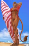  2022 4_toes 5_fingers abs absurd_res aloha_shirt anthro athletic athletic_anthro athletic_female barefoot beach bikini bikini_top blue_eyes breasts c-string claws cleavage clothed clothing digitigrade ear_piercing ear_ring eyewear eyewear_on_head fangs feet felid feline female finger_claws fingers fur hair hand_behind_head hi_res hindpaw holding_surfboard humanoid_hands looking_at_viewer magayser mammal muscular muscular_anthro muscular_female muscular_legs muscular_thighs navel open_clothing open_mouth open_shirt open_smile open_topwear outside pattern_clothing pattern_shirt pattern_topwear paws piercing red_hair sand seaside shirt side_boob signature skimpy smile solo standing sunglasses sunglasses_on_head surfboard swimwear tan_body tan_fur teeth thick_thighs toe_claws toes topwear under_boob water wet wet_body wet_fur whiskers 