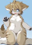  2022 4_fingers ahoge anthro blue_eyes blush breasts brown_body brown_fur brown_hair claws cute_fangs female finger_claws fingers fluffy fur genitals gesture gloves_(marking) hair hi_res inner_ear_fluff kemono kneeling koorinezumi leg_markings looking_at_viewer mammal markings multicolored_body multicolored_fur multicolored_tail navel nipples nude open_mouth pawpads paws pussy short_hair socks_(marking) solo species_request tan_body tan_fur tongue tuft unknown_species waving white_body white_fur 